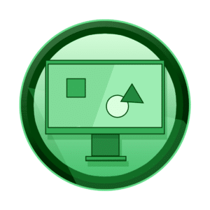 monitor sa 2D geometrijskim likovima na ekranu, 2D animacija, explainer video, video produkcija, produkcija video sadržaja