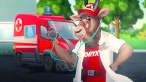 ilustracija Oryxa u ulozi doktora sa stetoskopom ispred bolnice, art direction, copywriting, tv reklama, kreativna agencija, produkcija video sadržaja